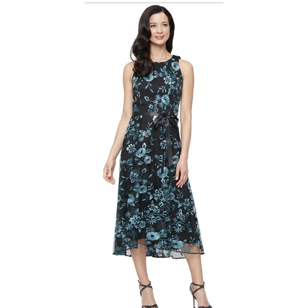 NWT ALEX EVENINGS Embroidered Mesh A-line Cocktail Dress In Navy Multi SIZE 10